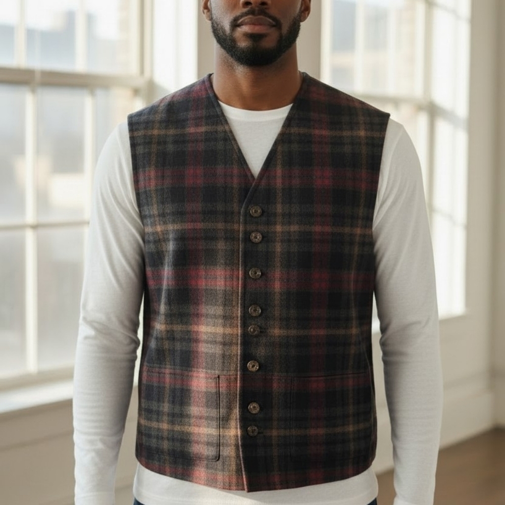 Vintage Turbulence By Simon Sebag vest men's Black Green Burgundy plaid wool